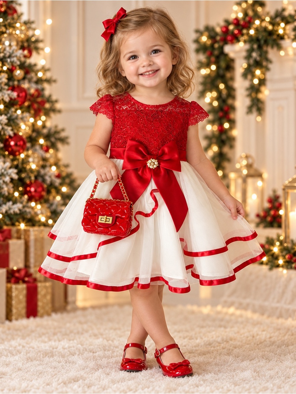 Rare Editions Girls 2T red and white special occasion dress with red purse